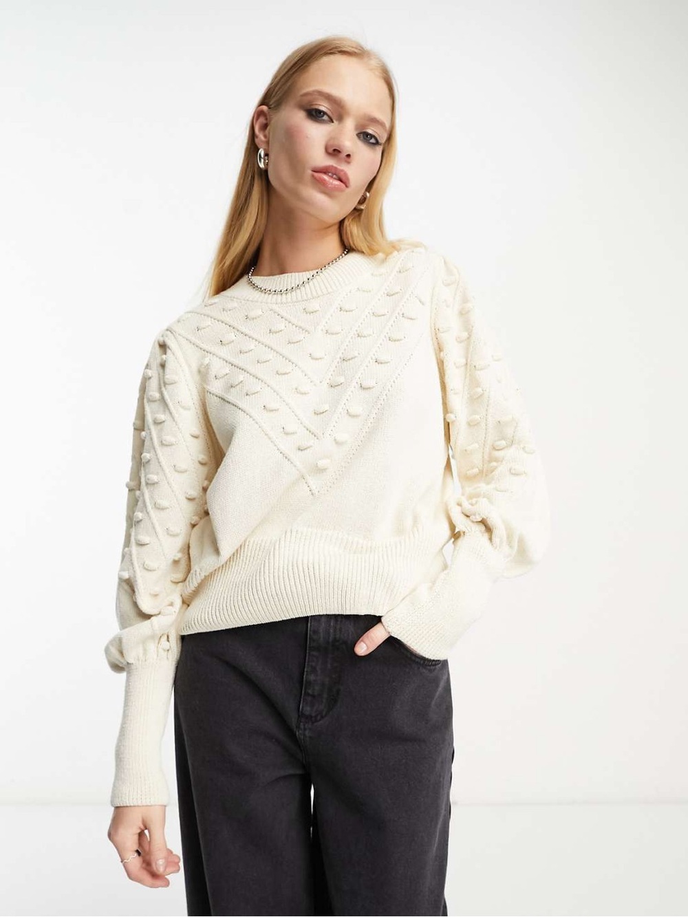 French Connection Ivory Pom-Pom Detail Crewneck Sweater